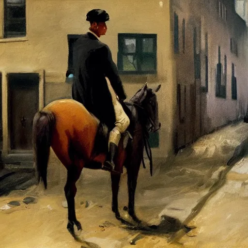 Prompt: painting of a man on a horse in an alleyway, Peaky Blinders (2018), painted by George Bellows