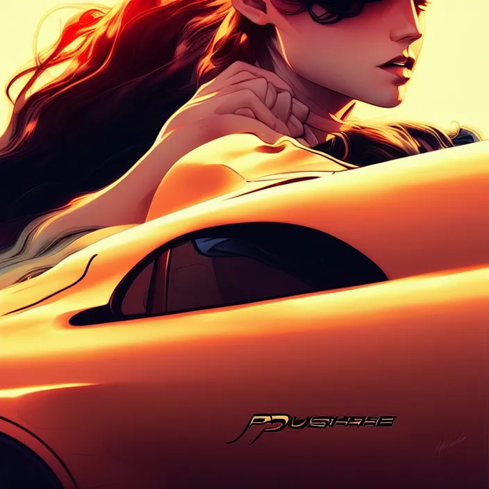 Image similar to style artgerm, joshua middleton : : porsche : : [ detailed, volcano setting ] : : cinematic lighting : :