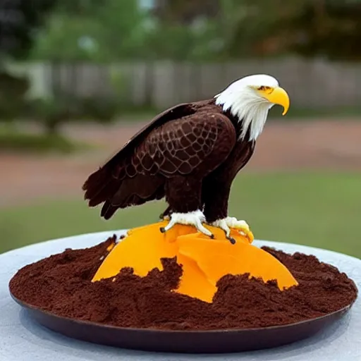 Image similar to a bald eagle made of chocolate powder, mango, and whipped cream