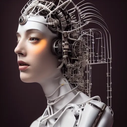 Image similar to beautiful Fine art photo portrait of enraptured Sarah Mcdaniel as a solarpunk robotic goddess, white mechanical parts with led lights, photorealistic, white background, highly detailed and intricate, studio lighting, HDR 8k