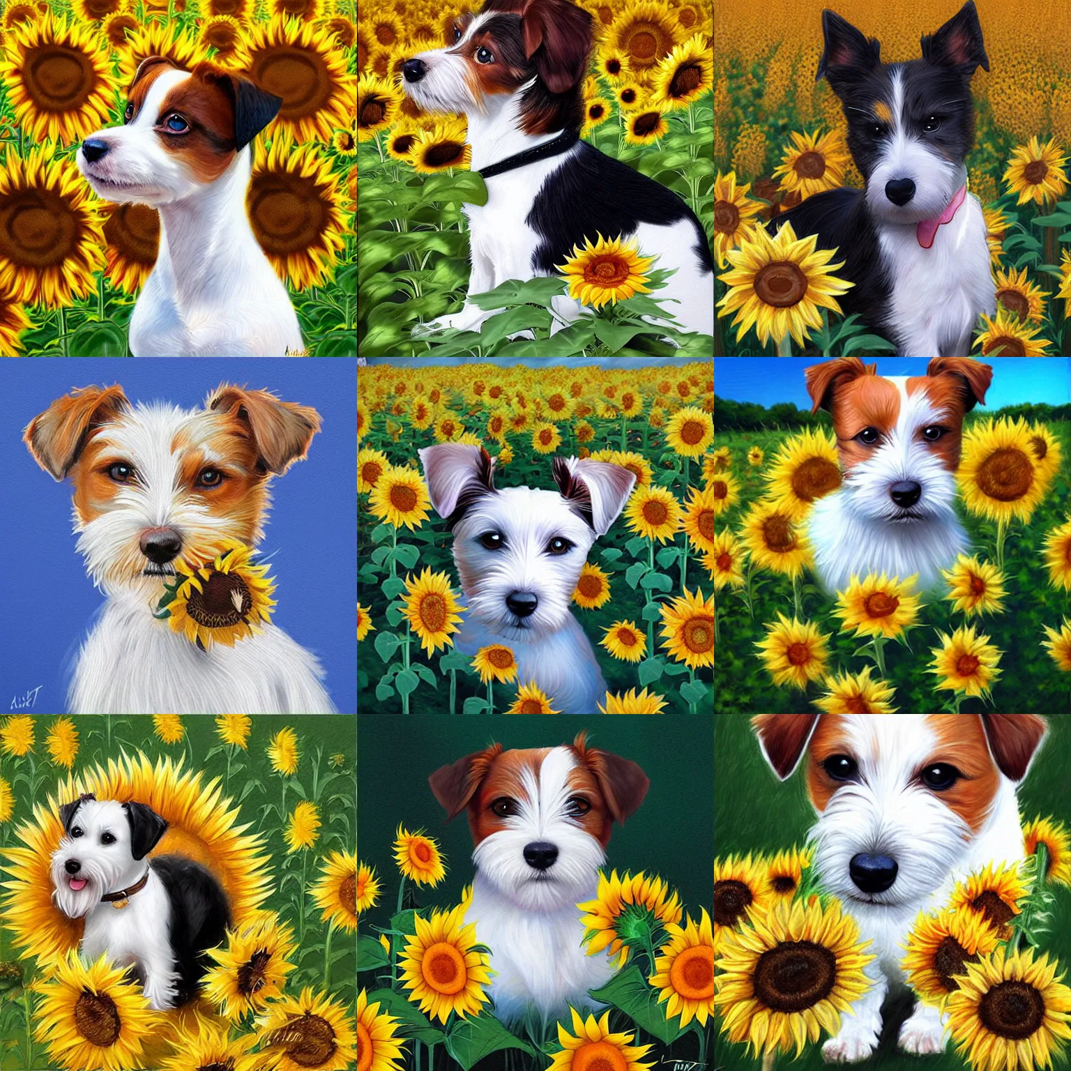 Prompt: fluffy jack russel terrier, surrounded by sunflowers, art by artgerm