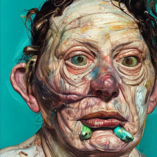 Image similar to high quality high detail painting by lucian freud and jenny saville, hd, drunk, turquoise