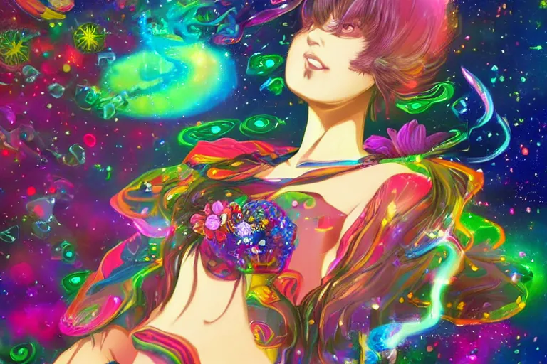 Image similar to psychedelic, whimsical, anime, 4k, beautiful lusty woman smoking a bong, with professional makeup, long trippy hair, a crystal and flower dress, sitting on a reflective pool, surrounded by gems, underneath the stars, rainbow fireflies, trending on patreon, deviantart, twitter, artstation, volumetric lighting, heavy contrast, art style of Greg Rutkowski and Miho Hirano