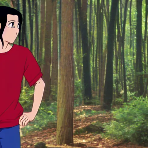 Image similar to a still of a 90s OVA of a man with black hair wearing a red shirt in a forest