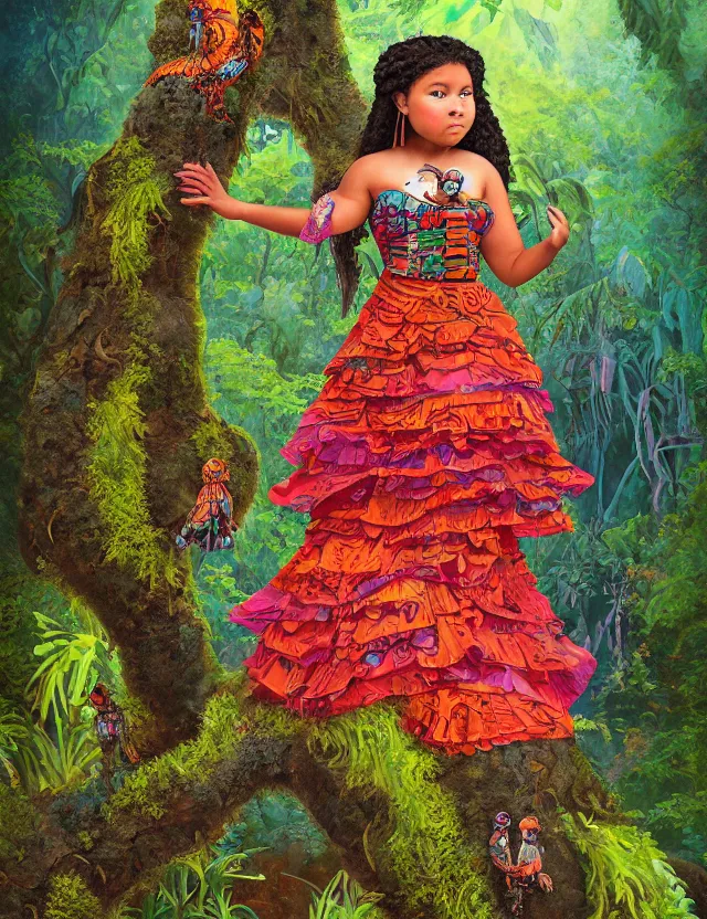 Prompt: plump aztec scifi princess of the lichen rainforest, wearing a lovely dress. this oil painting by the award - winning children's book author has an interesting color scheme, plenty of details and impeccable lighting.