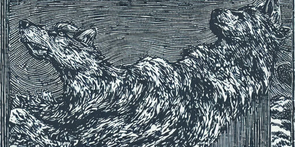 Prompt: anthropomorphic furry wolf inside a giant tower that tracks the stars and planets, woodcut