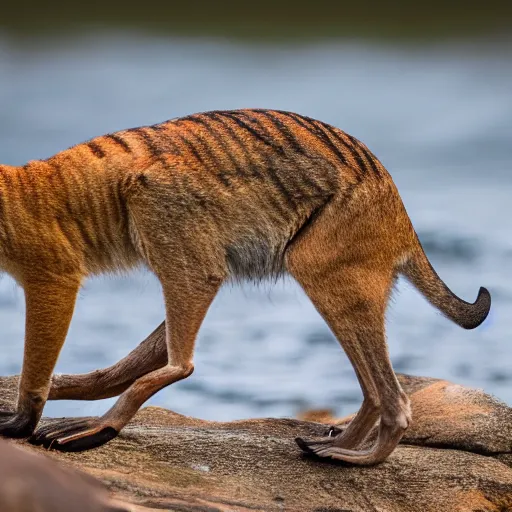 Image similar to close up photo of a rare thylacine, drinking water from a lake in tasmania, bokeh, 1 0 0 mm lens, 4 k award winning nature photography