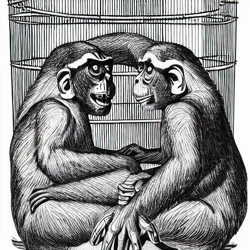 Image similar to monkeys greeting quetzalcoatl locked in a cage in a warehouse, 1 9 8 0's scifi, black and white, 8 k, highly ornate intricate details, extreme detail, punk xerox, lofi