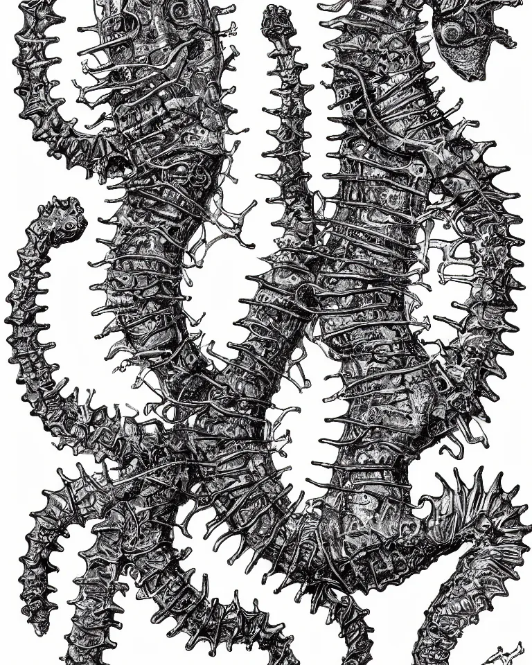 Image similar to a detailed scientific anatomical illustration of a cybernetic seahorse.