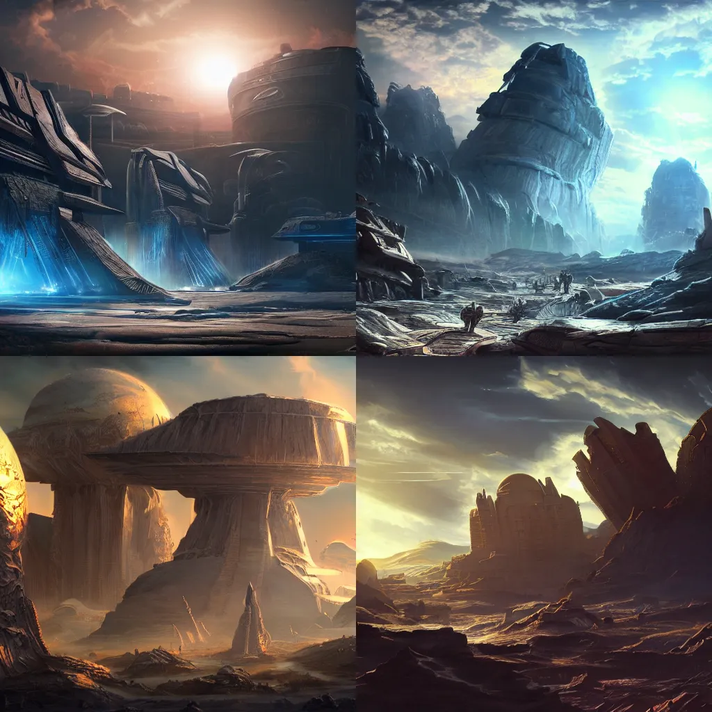 Prompt: ancient futuristic civilization in another planet, dramatic lighting, cinematic establishing shot, extremely high detail, photorealistic, cinematic lighting