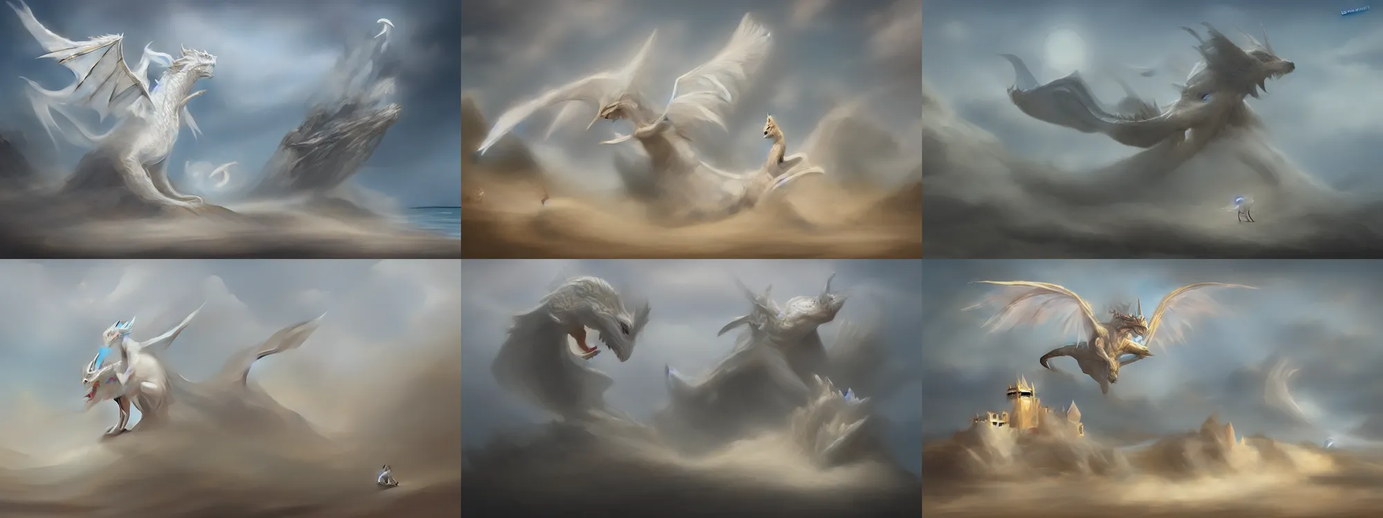 Prompt: a beautiful painting of a singular miniature white dragon perched on a sand castle at the beach by Xiaodi Jin, digital concept art, trending on ArtStation