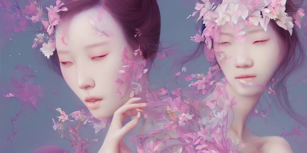 Image similar to highly detailed pastel colors of an ethereal asian beauty morphing gradually into flowers, by artgerm and hsiao - ron cheng, smooth composition, fine patterns and detail