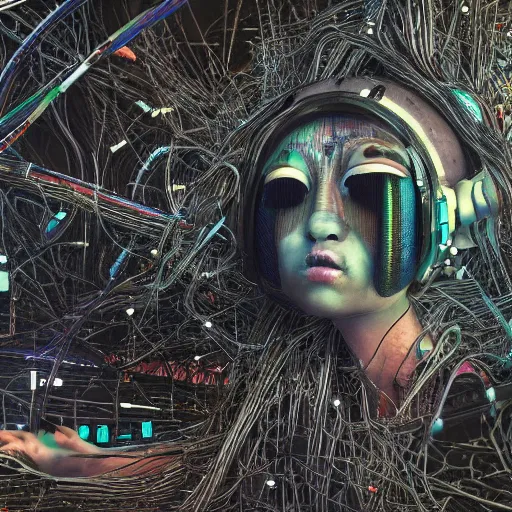 Image similar to space station on the moon, piles of modular synth cables mixed with mangrove roots, kawaii puerto rican goddess staring through your soul wearing a headpiece made of circuit boards, by cameron gray, wlop, stanley kubrick, masamune, hideki anno, jamie hewlett, unique perspective, eastman color, trending on artstation, cinematic, 3 d render, muted neon