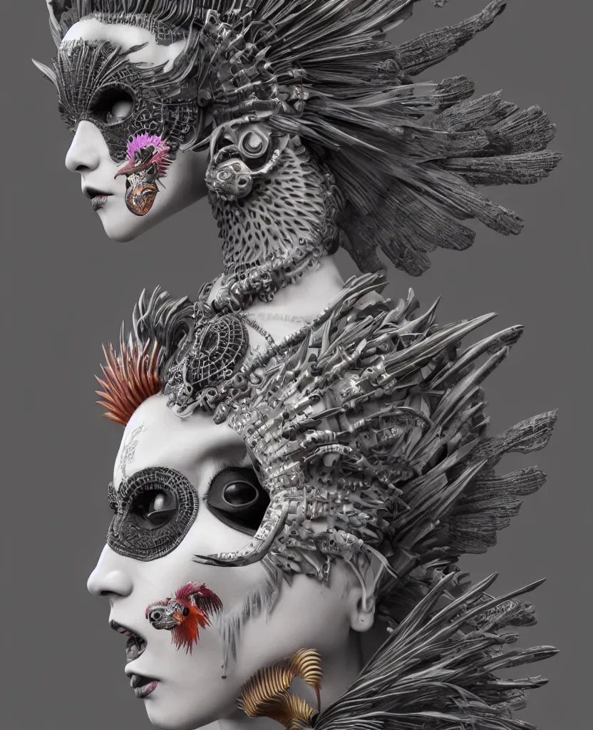 Image similar to 3 d goddess close - up profile portrait punk with mohawk with ram skull. beautiful intricately detailed japanese crow kitsune mask and clasical japanese kimono. betta fish, jellyfish phoenix, bio luminescent, plasma, ice, water, wind, creature, artwork by tooth wu and wlop and beeple and greg rutkowski