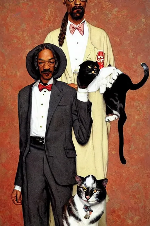 Image similar to snoop dogg and his cats painted by norman rockwell