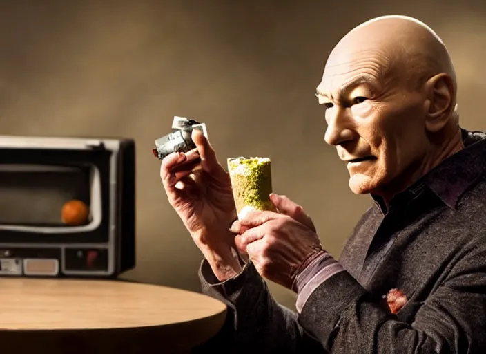 Image similar to a scene from a 2 0 2 0 s halloween kills, patrick stewart is eating from a can of beans, vhs distortion, cathode ray tube distortion, folk horror, hauntology, 8 k, 8 5 mm f 1. 8, studio lighting, rim light, right side key light