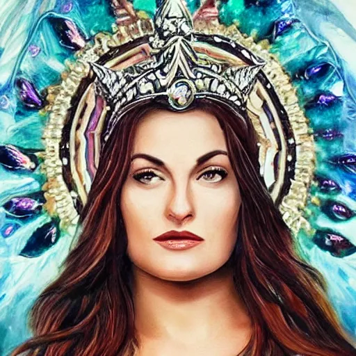 Prompt: a young Mädchen Amick as Goddesses of gems looking at you intensely with seductively serious eyes while wearing a head covering. ultra detailed painting at 16K resolution and epic visuals. epically surreally beautiful image. amazing effect, image looks crazily crisp as far as it's visual fidelity goes, absolutely outstanding. vivid clarity. ultra. iridescent. mind-breaking. mega-beautiful pencil shadowing. beautiful face. Ultra High Definition.