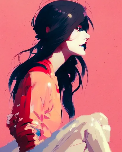 Image similar to a ultradetailed beautiful panting of a stylish woman sitting in a cafe, by conrad roset, greg rutkowski and makoto shinkai, trending on artstation