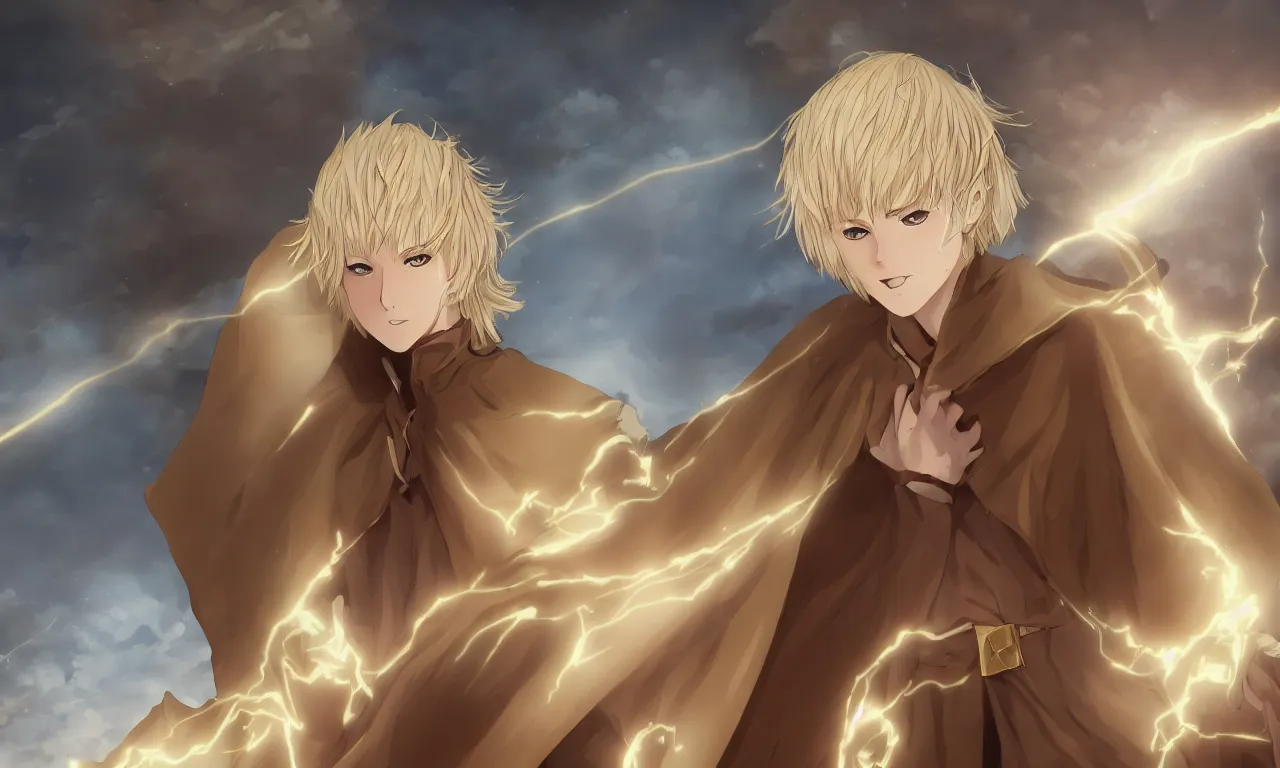 Image similar to blonde boy with golden eyes wearing a brown cape, anime screenshot, mappa studio artstyle, hyper realistic, pale skin, extreme detail, trending artstation, hd, fantasy, realistic lighting, sharp focus, backlit