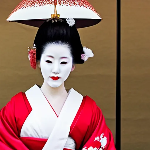 Image similar to gorgeous Japanese geisha, white makeup, red lips, kimono, full body, kyoto, high detail,