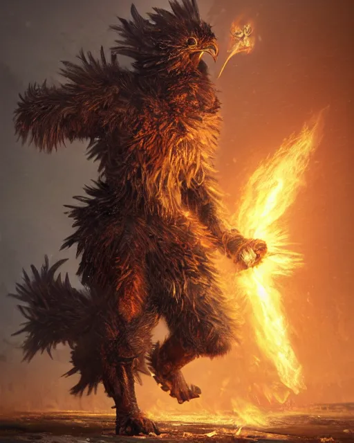 Prompt: oil painting of Angry Anthropomorphized Chicken Berserker, wearing fur armor, claws, sharp focus, attack pose, fantasy style, octane render, volumetric lighting, 8k high definition, by greg rutkowski, highly detailed, trending on art Station, magic the gathering artwork, burning Battlefield background, centered