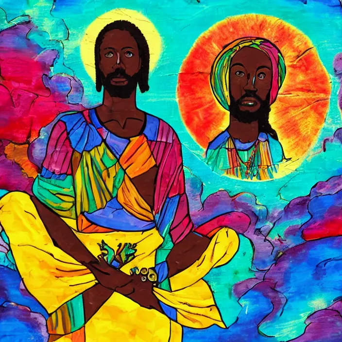 Prompt: UFO hovering over an African Jesus , clouds, colorful, in the style of Nigerian bus art,