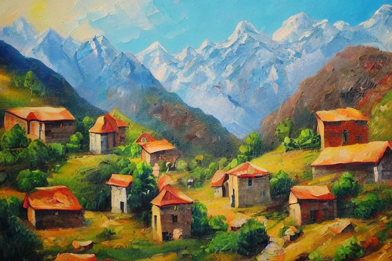 Image similar to beautiful mountain village, oil painting, oil in canvas, brushstrokes