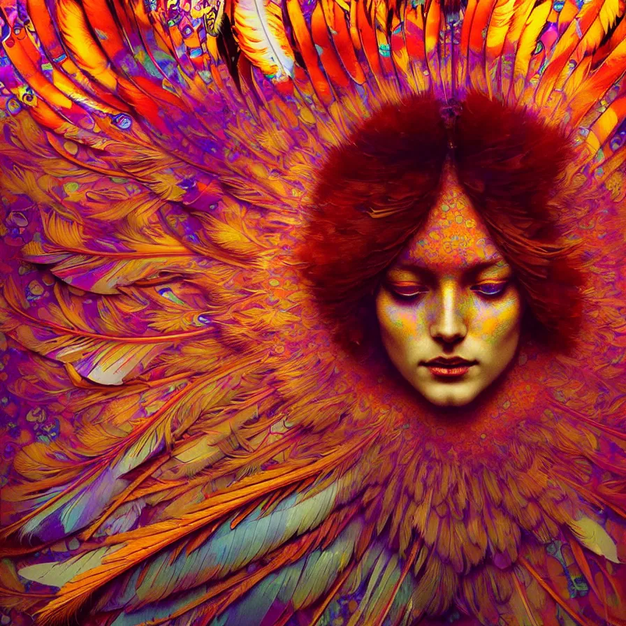 Prompt: face of innocent psychedelic transcendent feather mind bending psychedelic wings of glossy liquid honey flowing like kaleidoscopic translucent holograph, lsd feathers, feathery fluff, enlightenment, high contrast dappled lighting, refracted sunset, highly detailed, concept art, art by collier, albert aublet, krenz cushart, artem demura, alphonse mucha