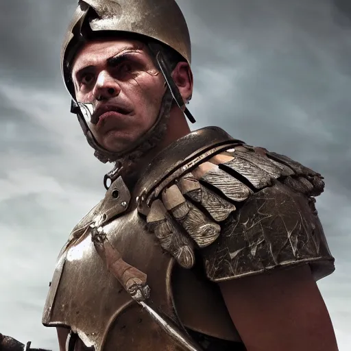 Prompt: a roman solider going into battle with a face that is angry and one that of breavey, 4 k, unreal engine 6, very detailed, high quality, painting,