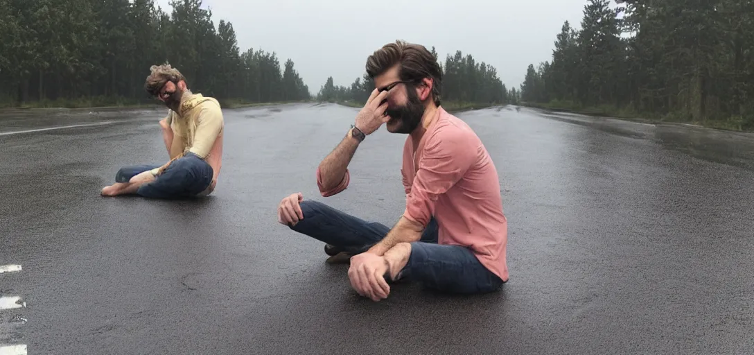 Image similar to rhett and link crying in the middle of the road while its raining