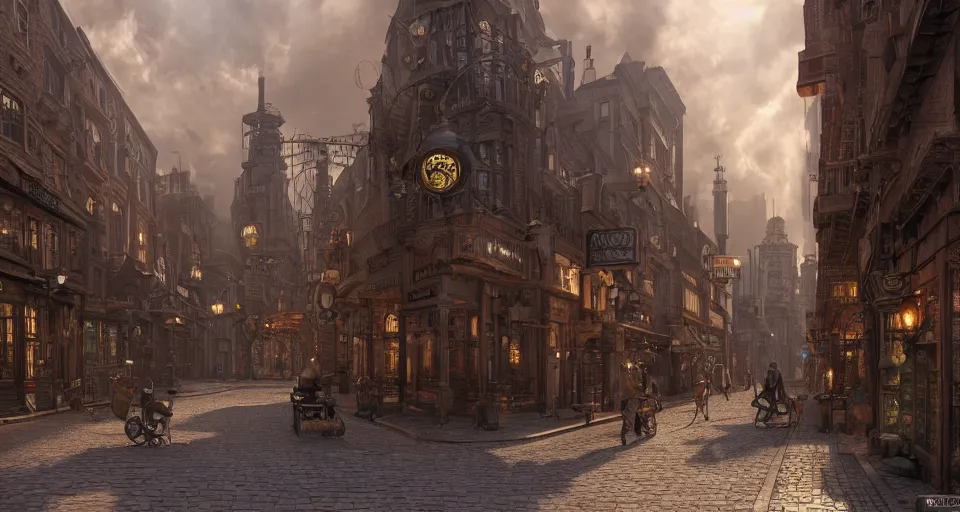 Image similar to steampunk city streets by ted nasmith, octane render, trending on artstation