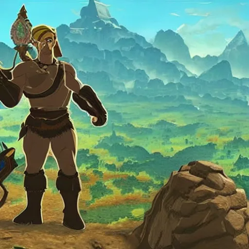Image similar to Arnold Schwarzenegger in The Legend of Zelda Breath of the Wild