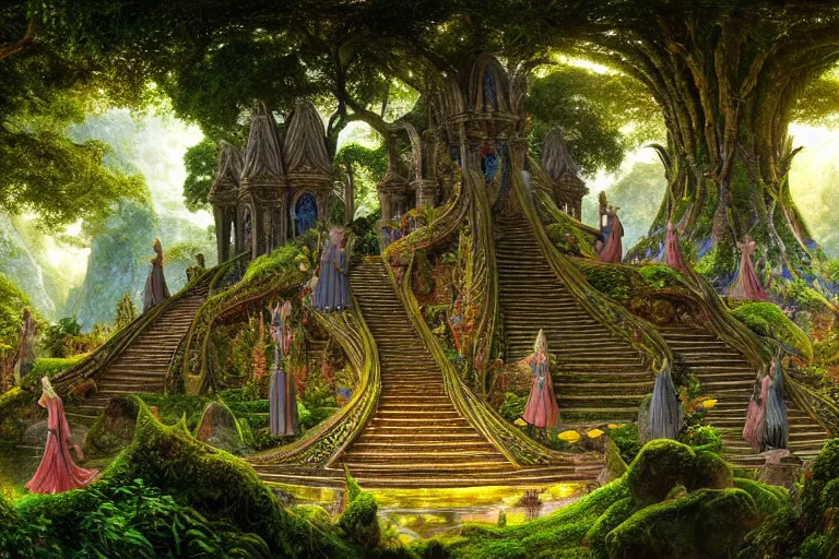 Prompt: a beautiful and highly detailed digital painting of an intricately designed elven temple in a lush valley, psychedelic patterns, intricate details, epic scale, 8 k, sharp focus, photorealism, artstation, cgsociety, by caspar friedrich, albert bierstadt, james gurney, alex grey, brian froud,