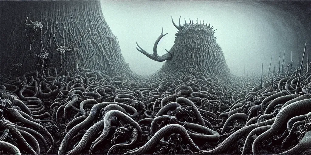 Prompt: hordes of large scorpions crawling through the cavities of a ((large moose skull)), Zdzislaw Beksinski, Wayne Barlowe, gothic, cosmic horror, worm's-eye view, close-up, dystopian, biomorphic, lovecraftian, amazing details, cold hue's