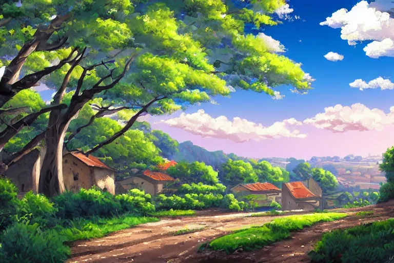 Prompt: very beautiful painting by toei animation backgrounds hd and city hunter anime backgrounds hd and a few vector illustration touch, a beautiful landscape of the french countryside during spring season with a big factory architecture designed by boeing military on a hill, nice lighting, soft and clear shadows, low contrast, perfect