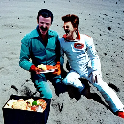 Prompt: color photography of Freddy mercury and David bowie laughing while having a picnic on the moon