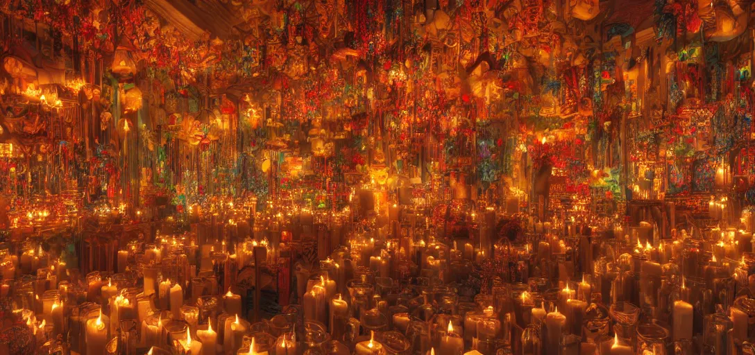 Image similar to a room is lit by dozens of flickering candles, and the air is thick with incense. highly detailed, digital photo, HDRI, by christopher bretz and kael ngu, vivid colors, high contrast, 8k resolution, intricate, photorealistic, smooth