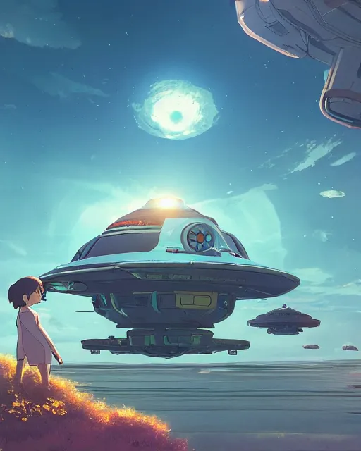 Prompt: a comic book style portrait painting of a alien mothership landing on earth, studio ghibli, unreal 5, hyperrealistic, octane render, dynamic lighting, intricate detail, harvest fall vibrancy, cinematic