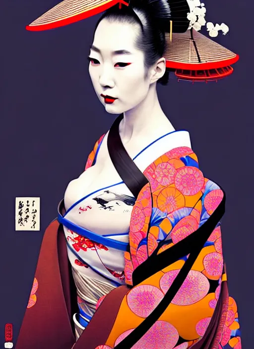 Image similar to sensual japanese geisha wearing vr eyepiece, intricate geisha kimono, robotic, android, cyborg, cyberpunk face, steampunk, fantasy, intricate, elegant, highly detailed, colorful, vivid color, digital photography, cool warm lighting, futurism, artstation, concept art, art by artgerm and greg rutkowski and ruan jia,