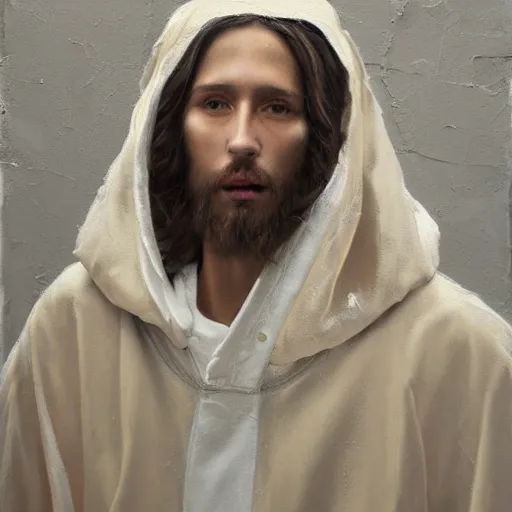 Image similar to a full body portrait of modern day jesus wearing cream yeezy menswear collection by nicola samori, hat and hoodie, detailed, oil painting, hyper realistic, 8 k, yeezy collection