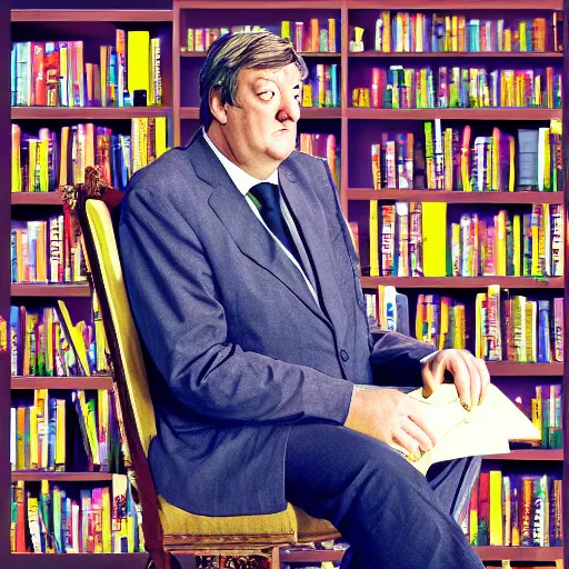 Image similar to Stephen Fry judging the world for its stupidity while sitting on a throne of knowledge., digital art 4k