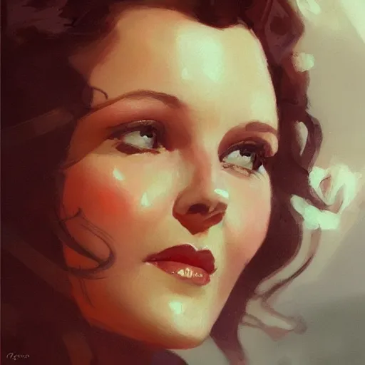 Image similar to closeup portrait of a young vivian leigh, seductive smile, chiaroscuro, city background, golden hour, dramatic lighting, warm cold contrast, high detail, painted by greg rutkowski, painted by igor kieryluk, trending on artstation