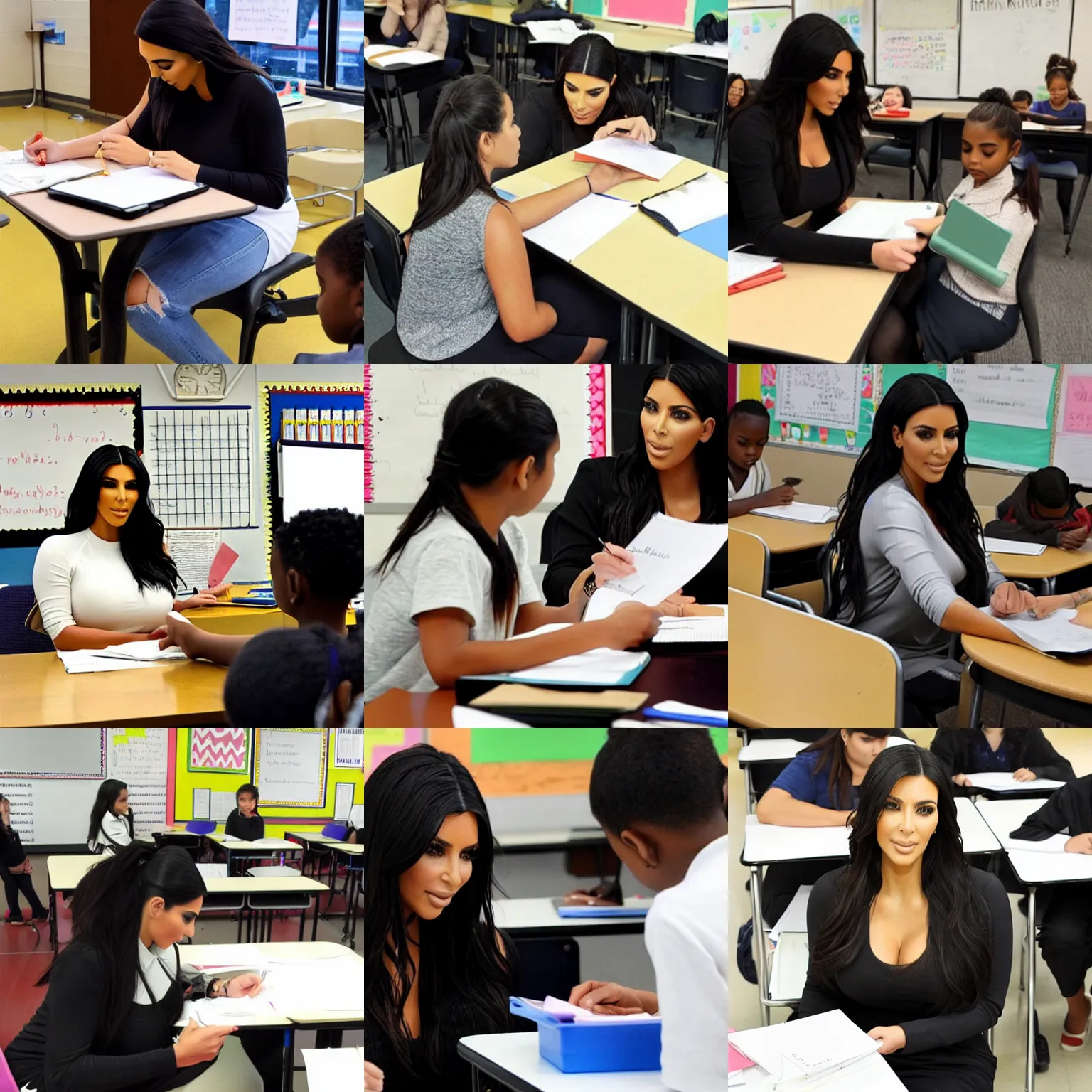 Prompt: kim kardashian giving a test to a student in a classroom