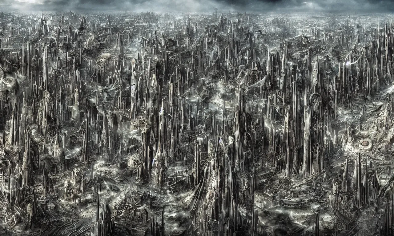 Prompt: a horrific view of a giant alien city, surrealism in the syle of Hans Ruedi Giger, Ultra HD wallpaper, 4k resolution