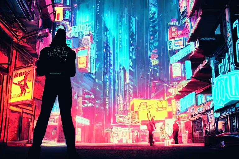 Prompt: photo of Johnny Silverhand on neon street in Cyberpunk city, synthwave, artstation art, night, professional light