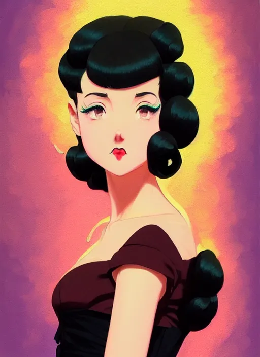 Image similar to a beautiful girl with black hair in 1950's fashion, ballroom background, intricate, highly detailed, digital painting, artstation, official media, anime key visual, concept art, rich vivid colors, ambient lighting, sharp focus, illustration, art by Artgerm, Makoto Shinkai, Ilya Kuvshinov, Lois Van Baarle, and Rossdraws