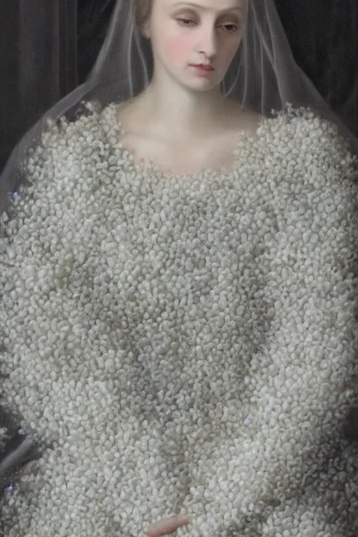 Prompt: hyperrealism close - up portrait of thousands white flowers merged with with medieval female, dark palette, pale skin, wearing dark silk robe, in style of classicism