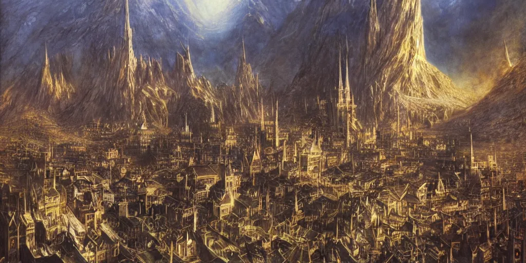 Prompt: The city of Gondolin, artwork by Alan Lee, The Lord of the Rings, Tolkien, The Fall of Gondolin, Silmarillion, fantasy, elves, art, painting, beautiful