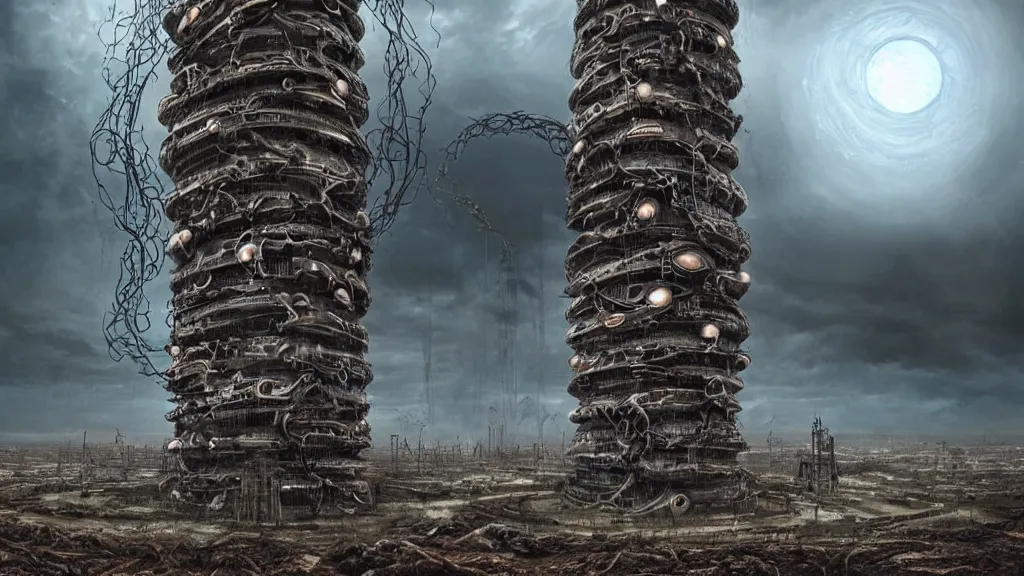 Prompt: giant bio-organic fleshy complex machine tower! with tendrils!! and one eyeball!!! at the top looking over a stormy post-apocalyptic wasteland, dystopian art, with art direction by Salvador Dalí, wide lens