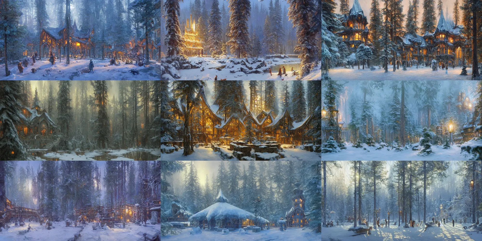 Prompt: school of magic near the lake in coniferous forest, winter, art nouveau architecture, fantasy, highly detailed, intricate, volumetric lighting, digital paining, matte painting, art by finnian macmanus, thomas scholes, donato giancola